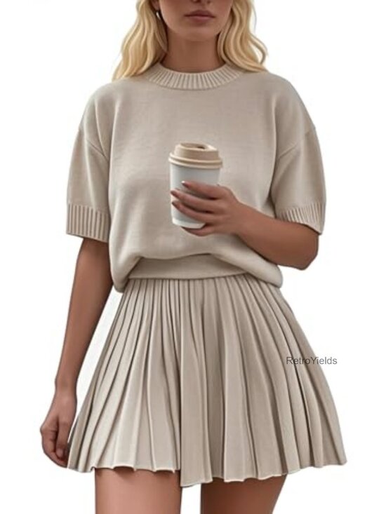 Other - 2 Piece Outfit Knit Top Pleated Skirt Set Y2K Short Sleeve